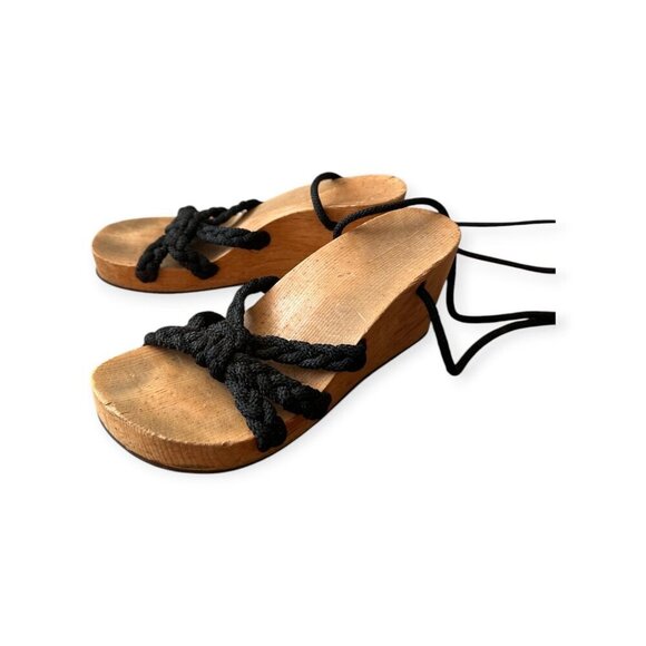 Vintage Wood Wedge Rope Sandals, Wrap Around Rope. Black - Picture 4 of 14